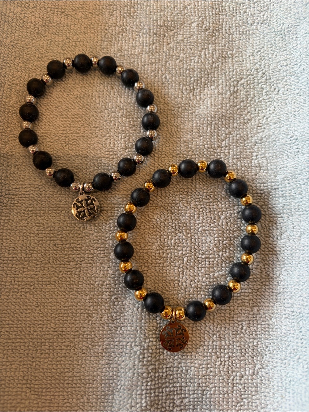 Rustic Cuff Black Beaded Bracelet with Gold and Silver Accents